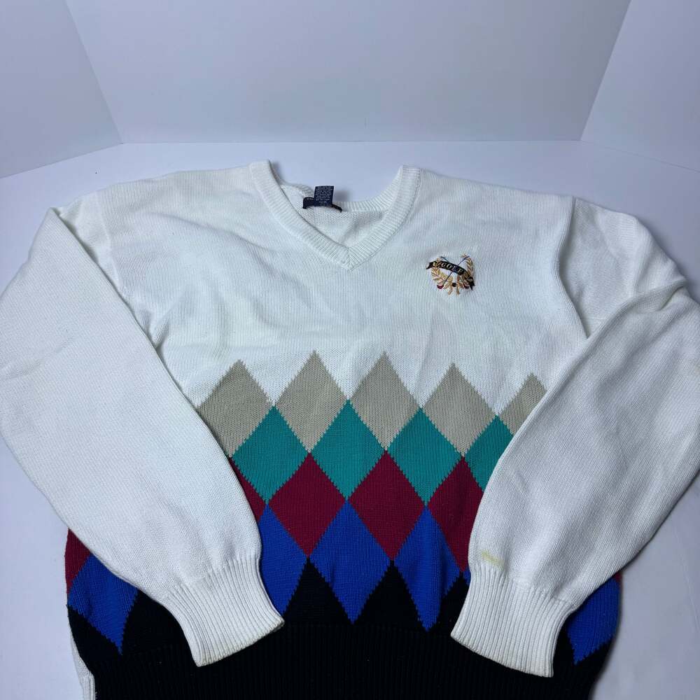 VINTAGE Desert Classic Knit Golf Sweater Mens Large V-Neck Argyle 90s Preppy